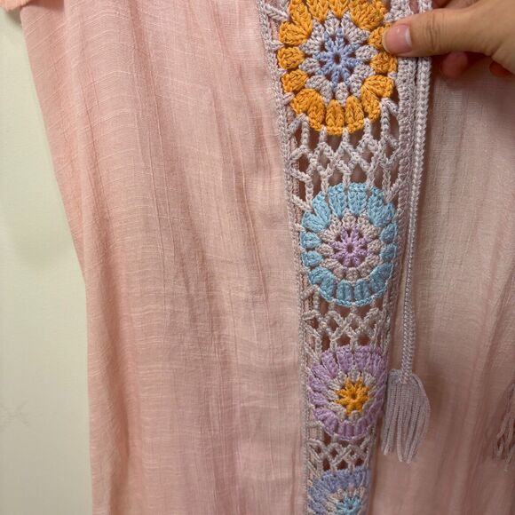 Pastel Pink Sheer Crochet Medallion Kimono Robe Tassel M/L Boho Festival Beachy - Picture 4 of 10
